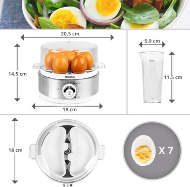 Електричний яйцеварка Duronic EB27 WE: для 1-7 яєць, регулювання ступеня готовності, таймер, захист від перегріву, мірна склянка та знімач яєць