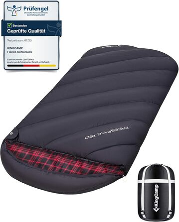 Сплячий мішок KingCamp XXL з бавовни фланелі для дорослих, великого розміру, теплий, зимовий, для кемпінгу, подорожей та активностей на відкритому повітрі, 4-сезонний, 220x100 см, класичний чорний