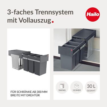 Вбудований сортер для сміття Hailo Terzett 3666131 - 3 секції, 10 л, повний висув, для шафок з дверцятами, сірий