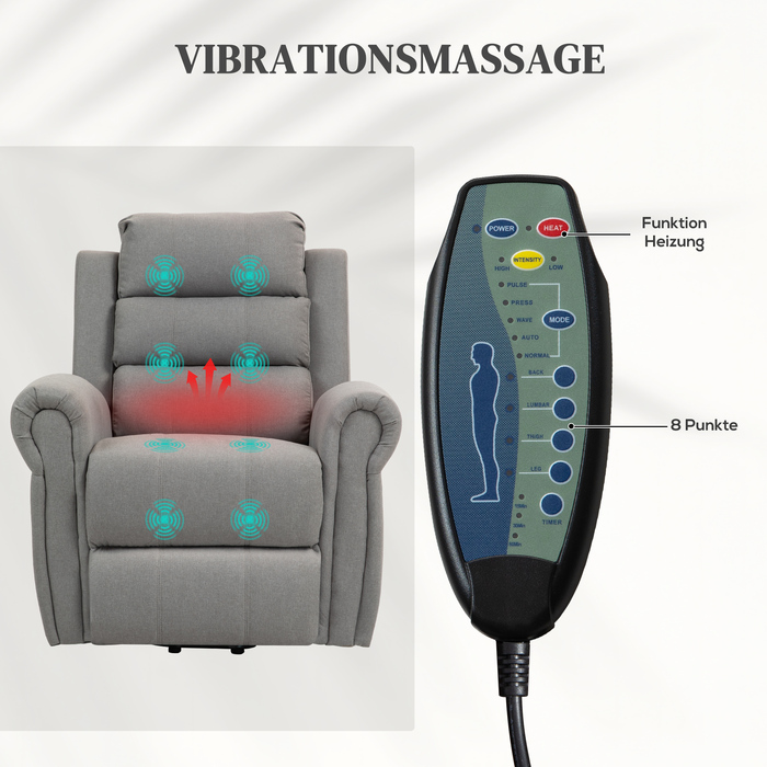 HOMCOM Lift Chair with Power Assist, 8 Massage Points, Heated Backrest, Linen-Look Fabric, Grey