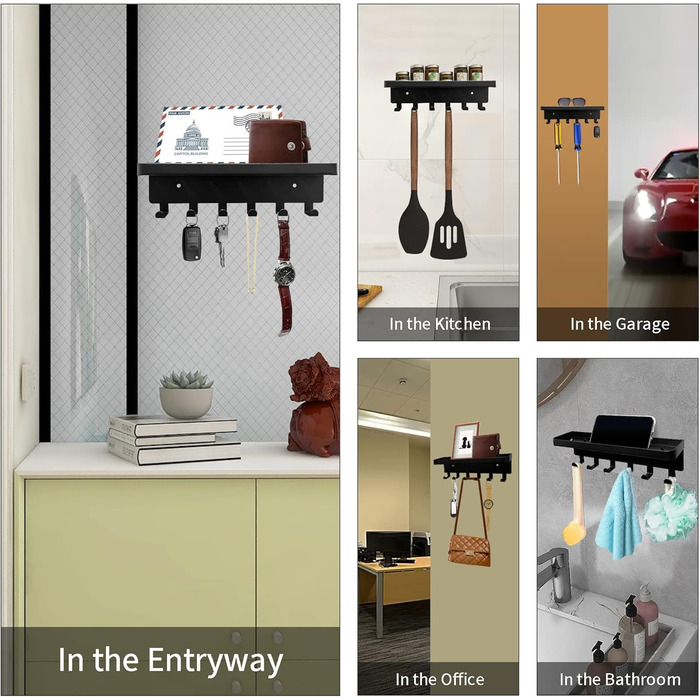 Настінна вішалка для ключів GTK з підносом та 6 гачками, чорна. Організатор для ключів та пошти