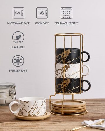 Набір чашок кавових Cappuccino HOME DECOR - 4 шт. по 160 мл з підставками та стійкою - 160 мл, кераміка, для еспресо, капучино, лате, мармурова колекція