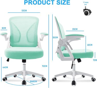 Офісний стілець з регульованими підлокітниками, ергономічний, з сітчастою спинкою, підтримкою попереку, регульованою висотою, м'яким сидінням, поворотний на 360°, (зелений)