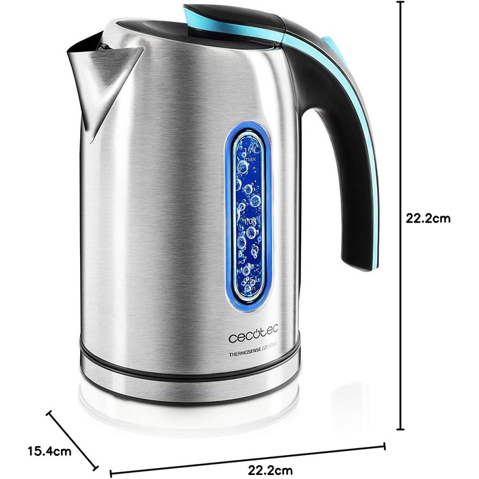 Електричний чайник Cecotec ThermoSense 1.2 л, бездротовий, з нержавіючої сталі, знімний фільтр від накипу