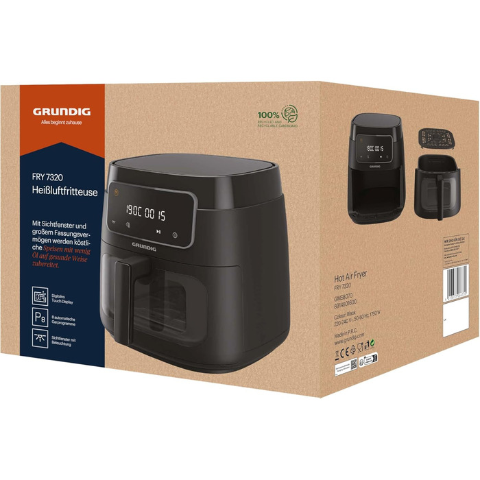 Аерофритюрниця Grundig FRY 7320, 7,6 л, 1750 Вт, сенсорний дисплей, велике оглядове вікно, регулювання температури і часу, антипригарне покриття, кошик для посудомийки, чорна