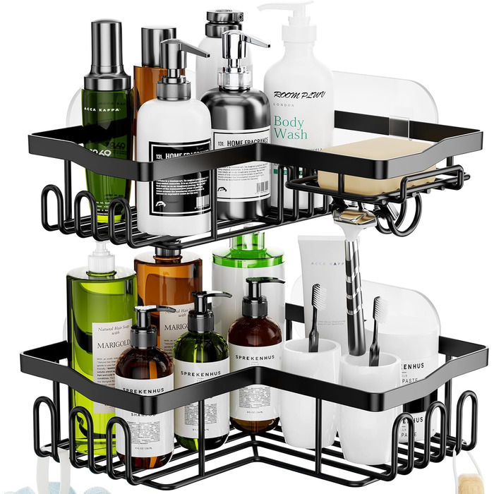 Дзеркальна поличка для душу HapiRm без свердління - органайзер для ванної кімнати та кухні з 11 гачками, мильниця, тримач для бритви, кріплення на присосках, 3 наклейки