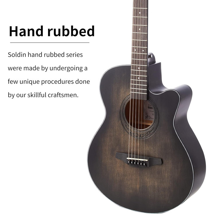 Акустична гітара Soldin 40 дюймів Premium з масивної соснової верхньої деки. Комплект: гітара, підставка, тюнер, ремінь, каподастр, струни, серветка для чищення, медіатори (Чорний)