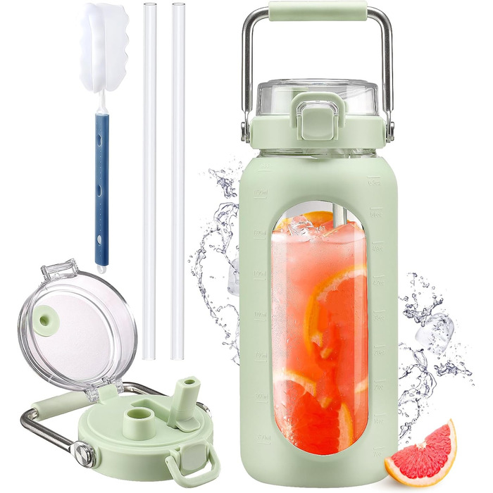 1900ml Glass Drinking Bottle with Straw and Stainless Steel Handle, Glass Water Bottle with Silicone Sleeve and Time Marker, Monitoring Your Daily Water Bottle 2 Liter, Light Green