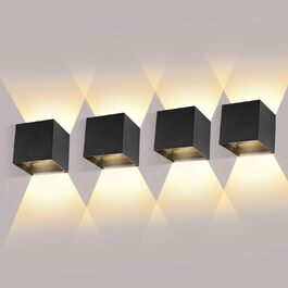 4 шт. LED настінні світильники для внутрішнього та зовнішнього використання, регульований світловий промінь, 12W, тепле біле світло, IP65, вологостійкі, чорний колір