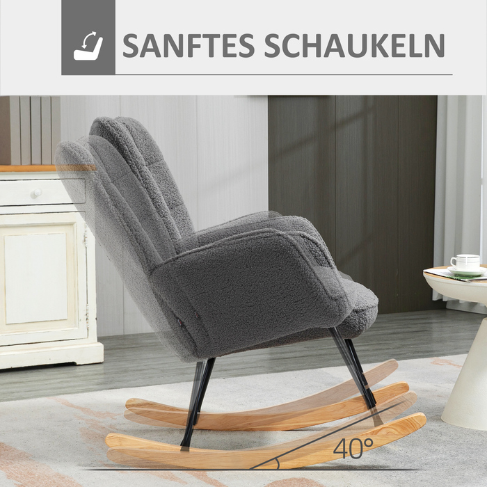 HOMCOM Rocking Chair, Rocking Armchair with Berber Fleece Look, Armrests, Padded Chair with Wooden Runners, Reclining Chair for Living Room, Bedroom, Holds up to 120kg, Dark Grey | Aosom
