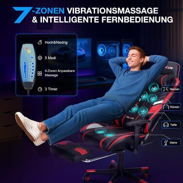 Ігровий крісло Douxlife з 7-точковим масажем, підніжкою, ергономічний офісний крісло, регулювання спинки 90-175°, регульовані 2D підлокітники, для ПК, 150-180 кг, чорно-червоний