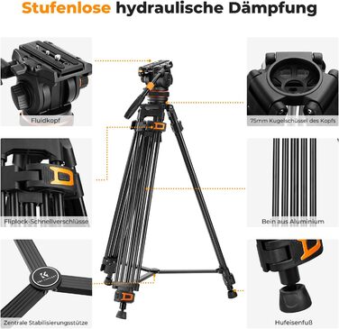 Штатив для камери K&F CONCEPT VA3+BV20: відео штатив з поворотним кріпленням, 184 см, для DSLR, відеокамер