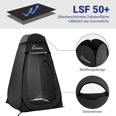 WofWise Portable Camping Shower Toilet Tent with UV Protection - Outdoor Privacy Shelter (Black, L)