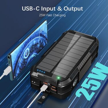 Портативний зарядний пристрій Solar Powerbank 70000mAh з сонячною панеллю, PD 30W, USB-C, 3.0A, інтегрованим кабелем, бездротовою зарядкою 15W, ручним генератором, LED-індикаторами, ліхтариком, для смартфонів, чорний