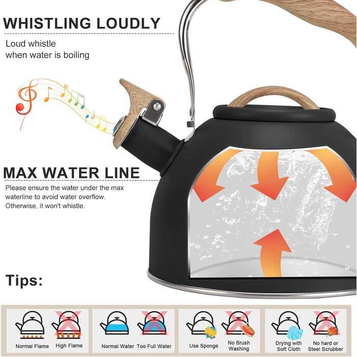 Чайник для плити Vegoran 3 л з дзвінкою свисткою, з нержавіючої сталі з дерев'ястим декором, з кришкою-засувкою, для чаю, кави, молока (зелений, чорний)