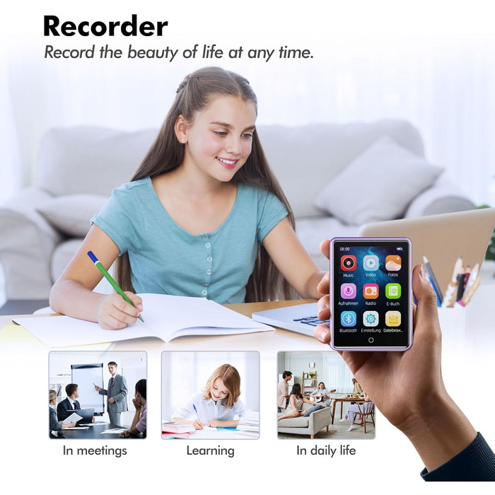 MP3 плеєр дитячий 64GB Bluetooth 5.3 з радіо, радіоприймач, MP4 плеєр, дитячий музичний плеєр з touch screen, розширюється до 128GB, фіолетовий