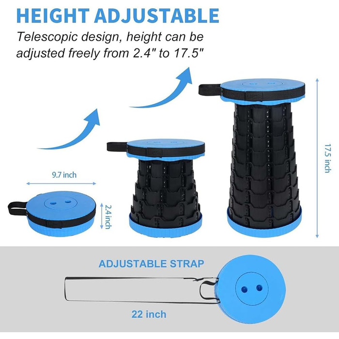 Складаний стілець для кемпінгу з регулюванням висоти, 6-45 см, вантажопідйомність 181 кг, портативний з ременем для перенесення (Блакитний - 1 шт.)