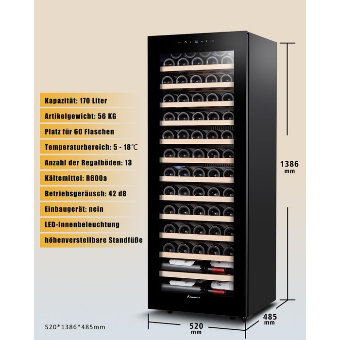 Kalamera 45-Bottle Dual Zone Wine Refrigerator - 120 Liter Capacity with LCD Display - 5-10°C/10-18°C Temperature Zones