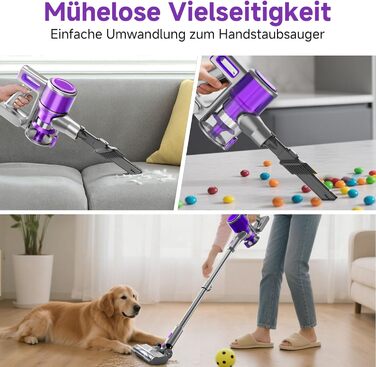 Бездротовий акумуляторний пилосос 35KPA/45Mins з LED-підсвічуванням, HEPA-фільтром та насадкою для підлоги, для тварин, килимів та твердих поверхонь, фіолетовий