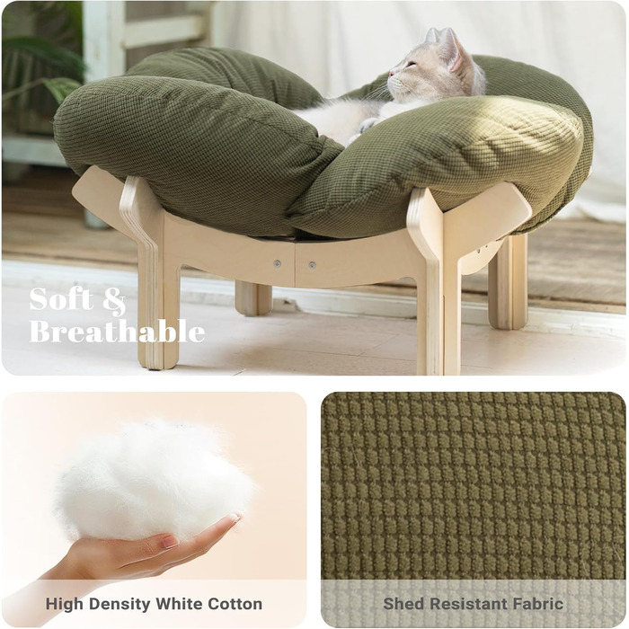 Кішка лежанка CheerPals, квіткова форма, 55x55 см, велике софа для котів, стильний лежак з м'яким пружним подушками, меблі для котів для сну, білий (зелений)