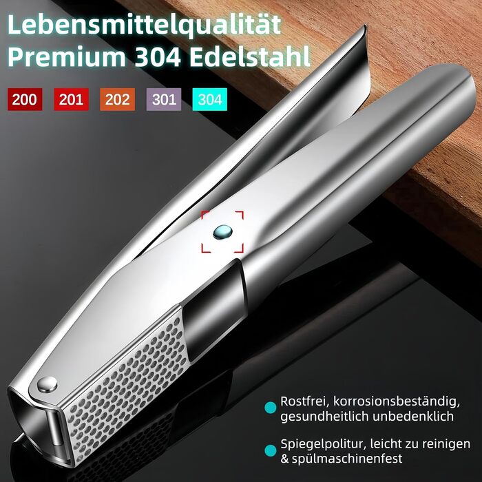 Прес для часнику та імбиру з нержавіючої сталі 18/8, велика чаша, не потребує очищення, стійкий до миття в посудомийній машині, гарантія 5 років