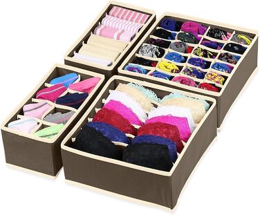 Styleys Set of 4 Foldable Storage Boxes, Drawer Dividers, Odorless Interior Lining, Storage Boxes, Closet Organizer, Under Bed Organizer for Clothes, Shoes, Underwear, Bras (Brown - S1014)