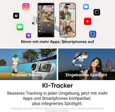 Insta360 Flow 2 Grau: Стабілізатор для смартфонів з AI-трекінгом, вбудований штатив/селфі-стік, пульт ДУ, для iPhone/Android, сірий колір