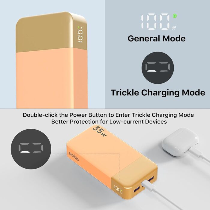 Power Bank Nobis 20000mAh з LED дисплеєм, 35W USB-C, 4 порти, для MacBook, iPhone 15, Samsung S23 (Зелений/Оранжевий)