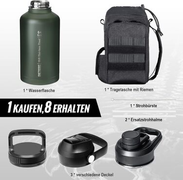 OneTigris Stainless Steel Water Bottle, 1.9L High Capacity, Insulated Sports Bottle for Bicycle, Camping, Yoga, Gym, Softair, OD Green, 64oz