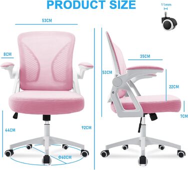 Офісний стіл з регульованими підлокітниками, ергономічний стілець для офісу з сітчастою спинкою, підтримкою попереку, регульованою висотою, м'яким сидінням, поворотний на 360°, (Рожевий)