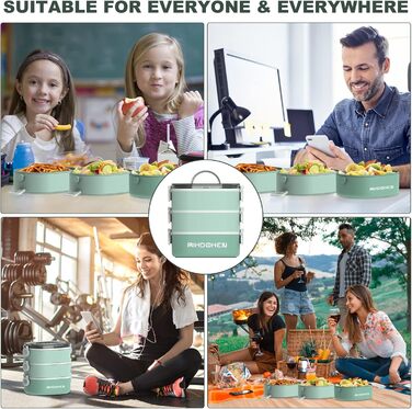 RIKDOKEN Ланчбокс 3-ярусний, 2.7л, з ложкою та виделкою, для дітей та дорослих, зелений