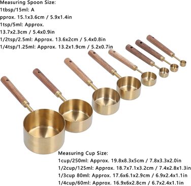 KOSDFOGE 8-Piece Stainless Steel Measuring Cup Set with Wooden Handle, Bartending Scale, Measuring Spoons, Baking Tool