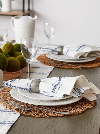 DII Zig Dobby Tabletop Collection, white cotton background with decorative stripes napkin set, blue (French Blue), 20