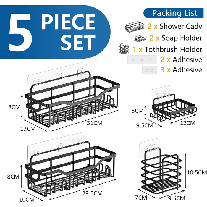 Набір з 5 полиць для душу без свердління, чорний колір. Органайзер для душу з 28 гачками, тримачем для пасти та 2 мильницею. Підходить для шампуню та інших аксесуарів для ванної кімнати.