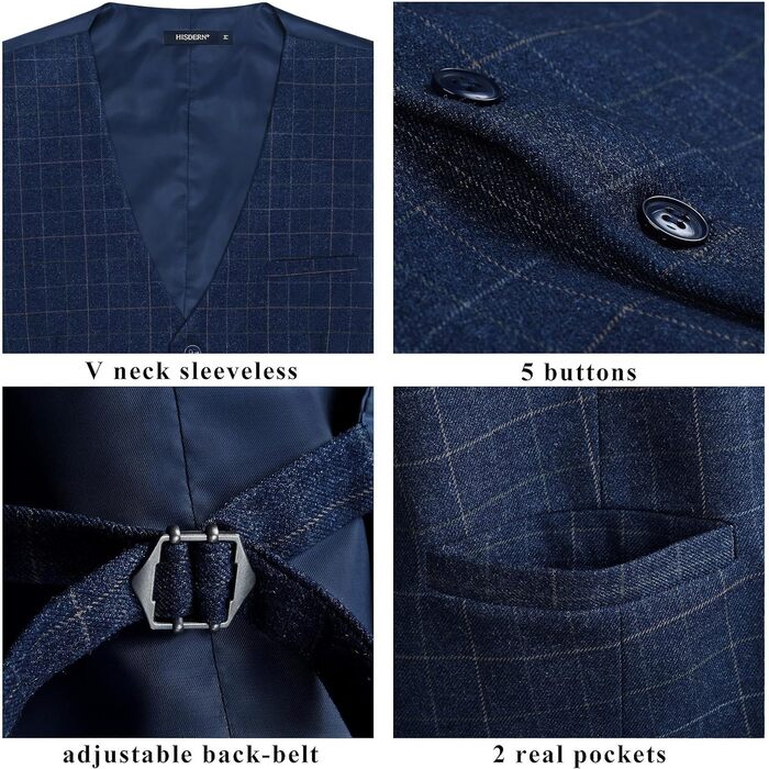 Стильна жилетка для весілля та офіційних заходів HISDERN з малюнком у клітинку, бавовна, для чоловіків, колір: Royal Blue, розмір XL