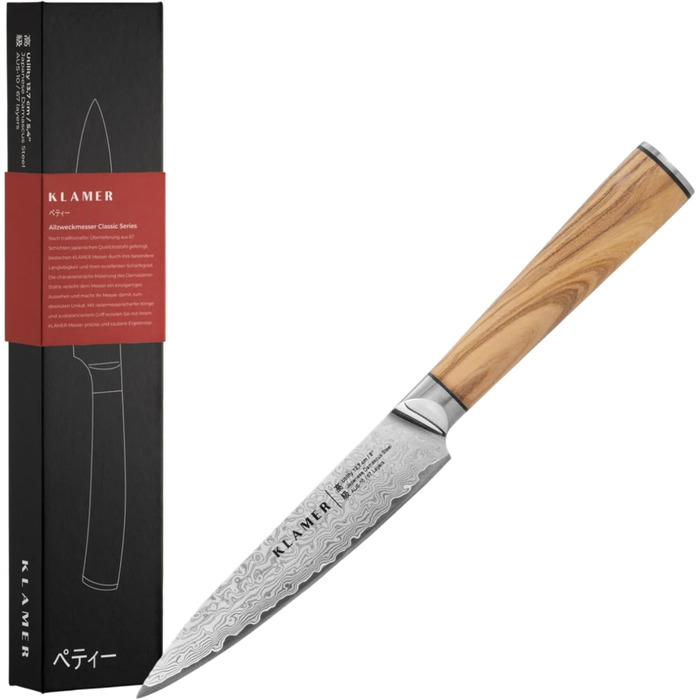 Японський ніж Santoku з дамаської сталі Klamer Premium, 18 см, кухонний ніж з оливкового дерева