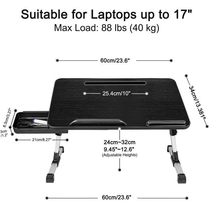 Стіл для ноутбука в ліжко, регульований, з ящиком, підставка для планшета, 60x34 см, чорний