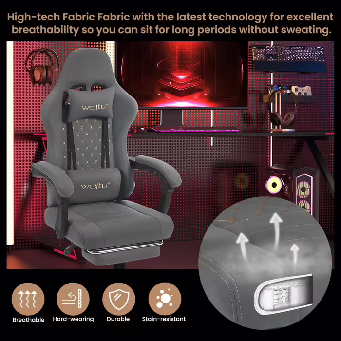 WOLTU Gaming Chair with Massage Function, Computer Chair with Pocket Spring Cushion, Ergonomic Gamer Recliner, Swivel Chair with Headrest, Lumbar Pillow, Footrest, 150 kg, Tech Fabric, Grey + Yellow, GS07gr Grey Tech Fabric