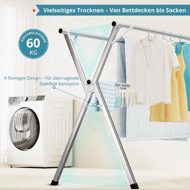 Стійка для сушіння білизни JAUREE 160 см, розкладна, з нержавіючої сталі, для дому та вулиці, велика, зі 20 гачками