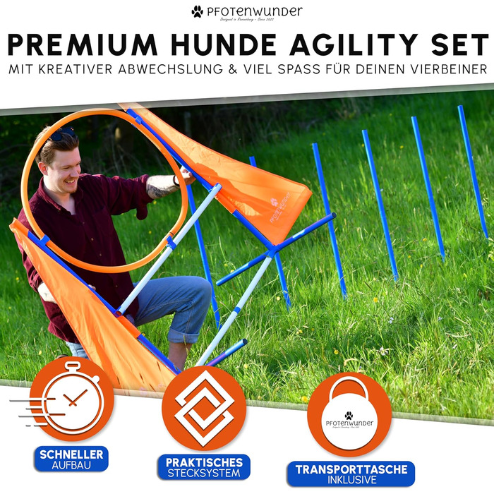 Набір для аджиліті для собак середнього розміру PfotenWunder®: 6 шлагбаумів, тунель, для тренувань, спорту та ігор. Підходить для малих та великих собак.