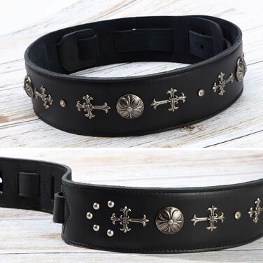 Гітарний ремінь Nefelibata з повном'якої шкіри, з підкладкою з піни, з срібними заклепками, для електро-, акустичної та бас-гітари (2,5' ширини, карбон-чорний), з хрестом