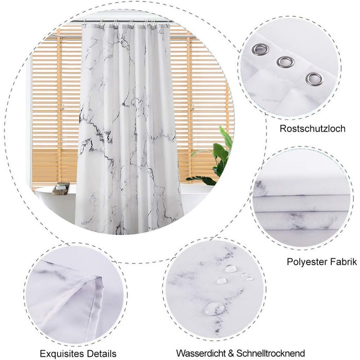 Тканинна штора для душу | Водостійка штора з посиленим краєм | Тканинна штора для душу, яку можна прати, розмір 150 см x 180 см | Поліестер, мармур, 180 x 150 см (1 шт.)