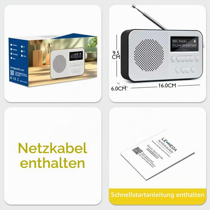 Портативний цифровий радіоприймач LEMEGA PR2-Max DAB+/FM з Bluetooth 5.3, живлення від батарейок AA, чорний