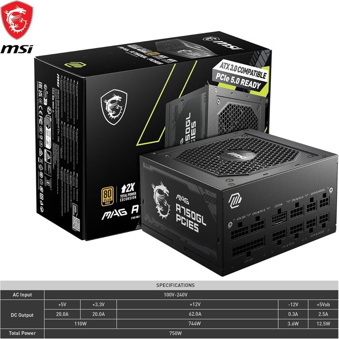 Блок живлення MSI MAG A750GL PCIE5 750W, 80 Plus Gold, повністю модульний, ATX 3.0, підтримка PCIe 5.0, 120мм FDB вентилятор, чорний