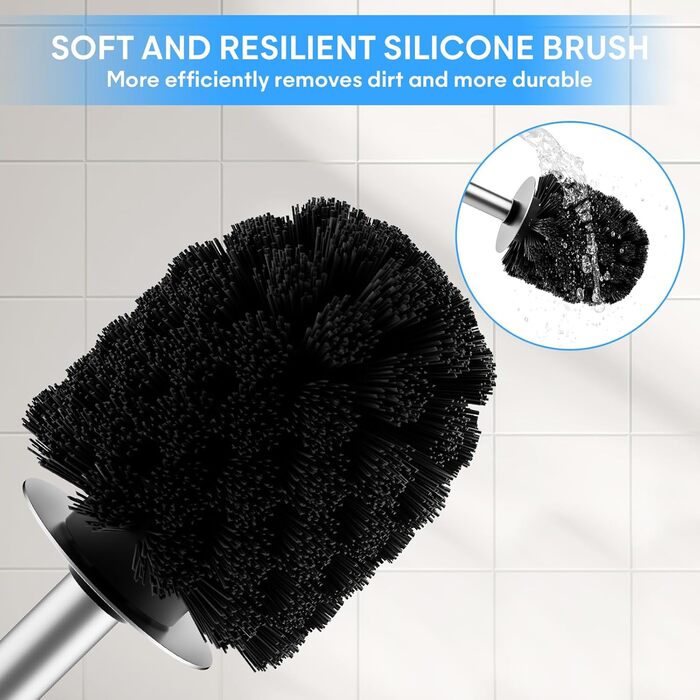 Силіконова щітка для унітазу Klobürste – гігієнічна щітка з нержавіючої сталі 304 з змінним насадком, для дому, гостьової ванної кімнати, готелю (Gebürstetes Silber)
