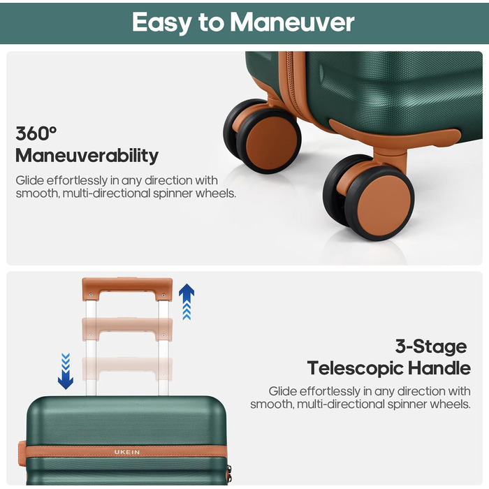 Набір валіз UKEIN 3 шт. з PC корпусом, міцний дорожній набір, ручна поклажа з TSA замком, 4 спіннер колеса, рюкзак та косметичка (3 шт.) (Темно-зелений)