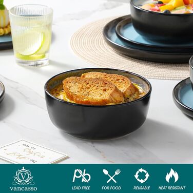 Набір посуду Steingut 24 штуки Vancasso AMBER: тарілки, супові тарілки, десертні тарілки, миски, реактивна глазур, морський блакитний, для 6 осіб, стійкий до миття в посудомийній машині