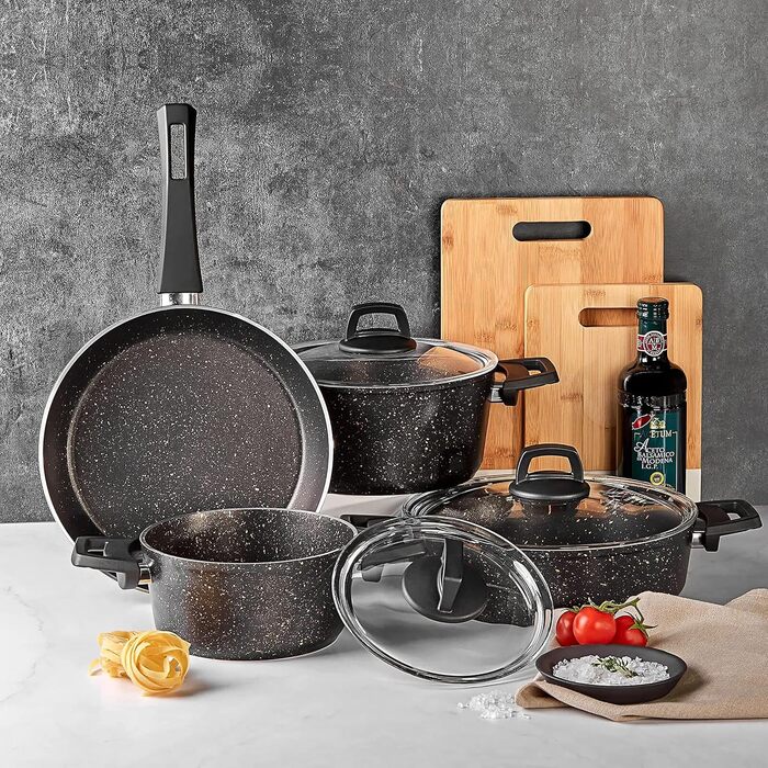 Набір кухонного посуду Karaca Biogranit, 7 предметів, чорний/золотий, з антипригарним покриттям, для індукційних плит, граніт