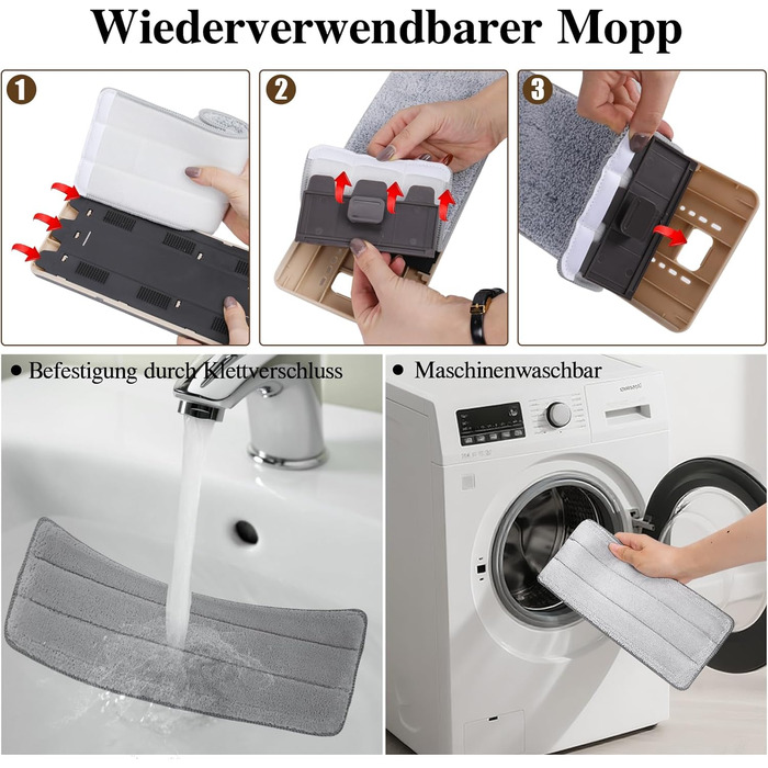 Набір для миття підлоги MASTERTOP з відром, моп з нержавіючою ручкою та 3 насадками, набір відра та мопа 2 в 1, плоский моп з функцією віджиму для ламінату, плитки (бежевий), комплект змінних насадок (3 шт.)