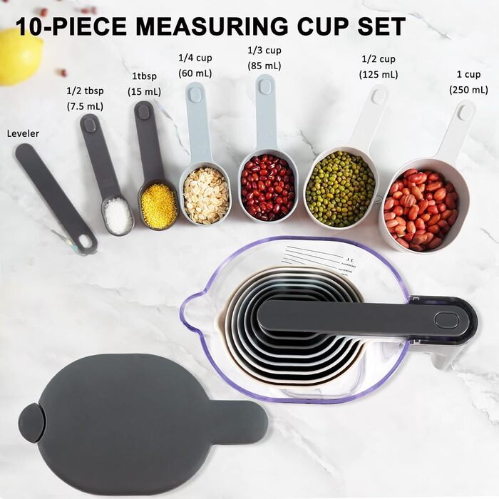 19-Piece Measuring Cup and Spoon Set, includes 10 stackable measuring cups with lids and 9 magnetic measuring spoons, BPA-free, dishwasher safe (multicolored)
